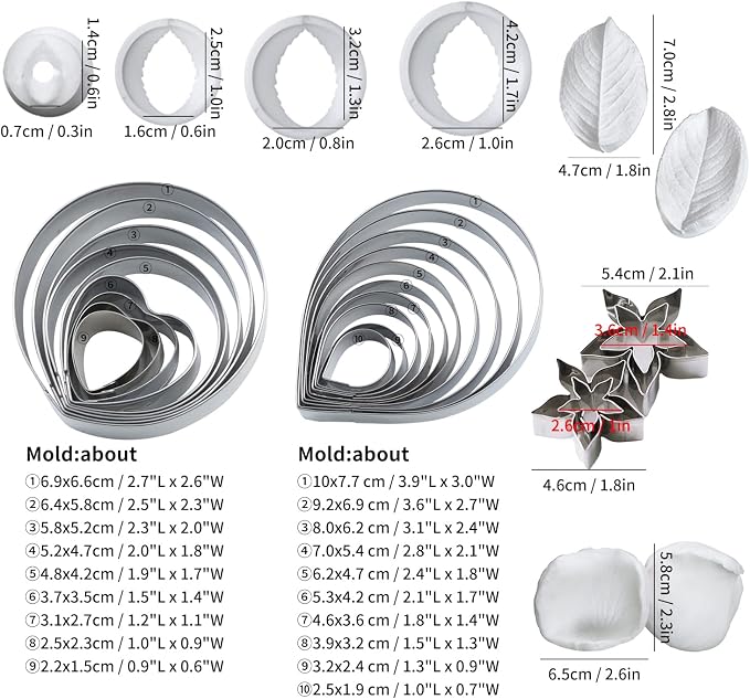 KALAIEN 31Pcs Austin Rose Cutter Set Rose Petals Silicone Fondant Mould Veining Petal Sugar Flower Making Tool