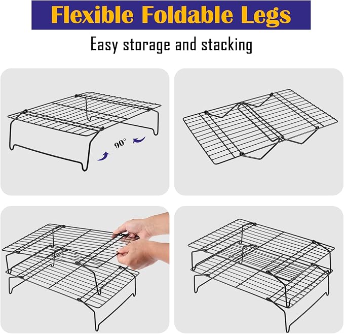 Leonyo 5-Tier Collapsible Cooling Rack for Cooking and Baking, 15 x10 Inch | Stainless Steel Baking Cooking with Foldable Feet, Non-toxic Coating & Heat-resistant up to 575℉, Black