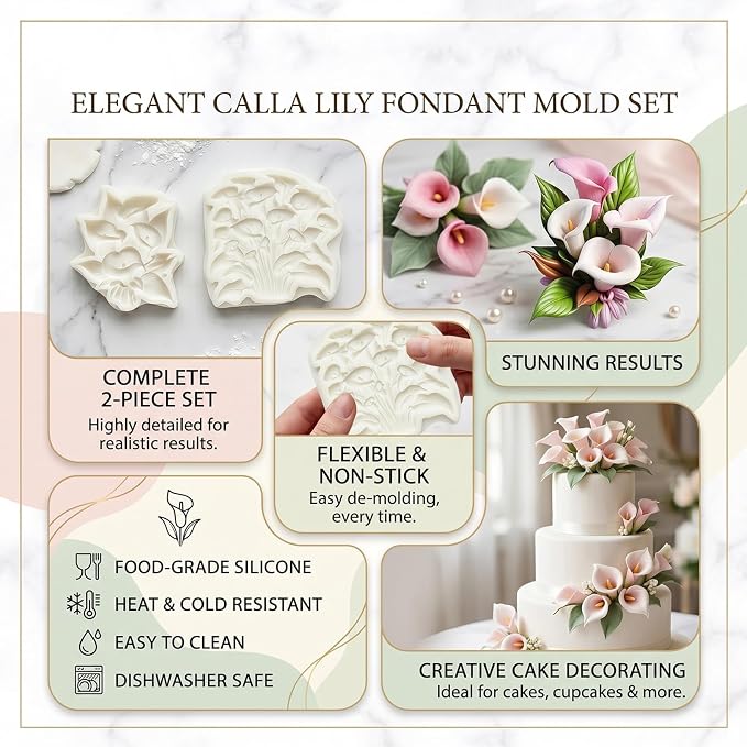 2Pcs Calla Lily Silicone Mold Set Flower Floral Bouquet Cake Decorating Fondant Molds for Wedding Cupcake Toppers Baking Chocolate Candy Dessert Botanical Resin Supplies Soap Polymer Clay