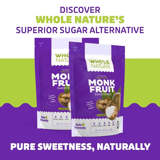Whole Nature 1lb Monk Fruit Sweetener 1:1 Baking Sugar Substitute Made in the USA – Granulated Blend With Erythritol – Zero Calorie – Keto – Paleo – Non-GMO – Kosher - Natural Alternative – 16 oz Pouch