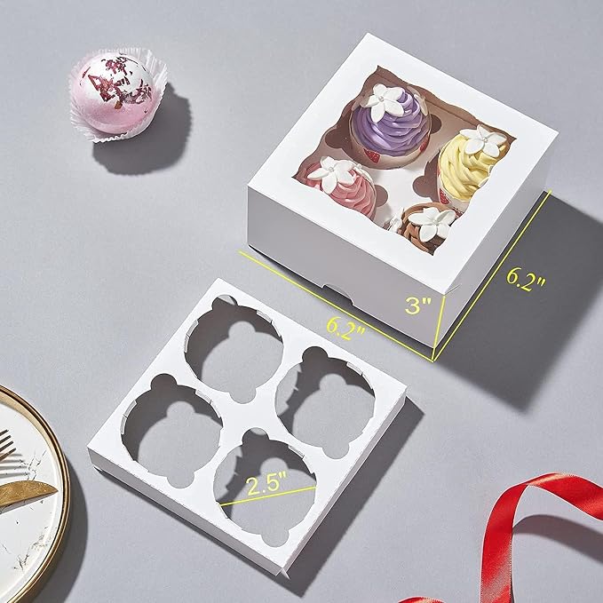 6.2x6.2x3 Inches Cupcake Boxes 20 Pack with Window & 4 Cavity Insert - Versatile Baking Containers for Cupcakes, Cookies & Treats | Holiday, Birthday & Bakery Supplies