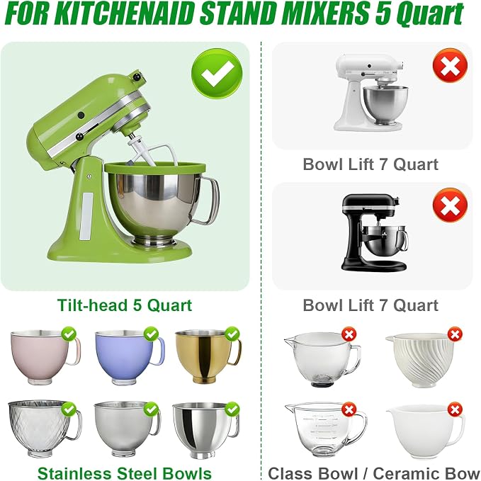 Foldable Silicone Liners for 5 Qt KitchenAid Tilt-Head Stand Mixer(Only), Odourless,Thicker, Cold/Heat-Resistant & Non-Stick, Easy Clean, with Splash-proof Bowl Lid, Green