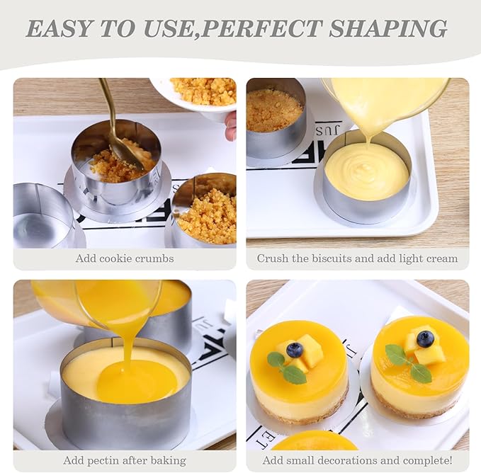 4-Pack 3 Inch Stainless Steel Baking Ring Molds with Pusher - Professional Food Ring Mold for Cooking & Baking, Easy Release Crumpet Rings, Dishwasher Safe & Leak-Proof Silver Kitchen Tools