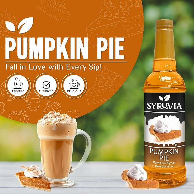 Syruvia Coffee Syrup, Pumpkin Pie Flavored Syrup for Drinks, Lattes, and Desserts – 25.4 fl oz - with Pump
