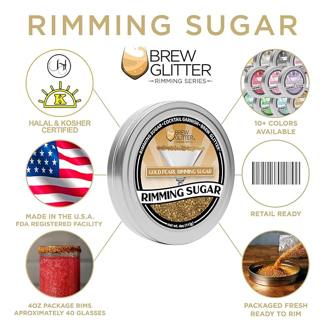 Brew Glitter - Gold Pearl Rimming Sugar (1LB, 1x Resealable Bag) Cocktail Garnish for Mixed Drinks & Refreshments
