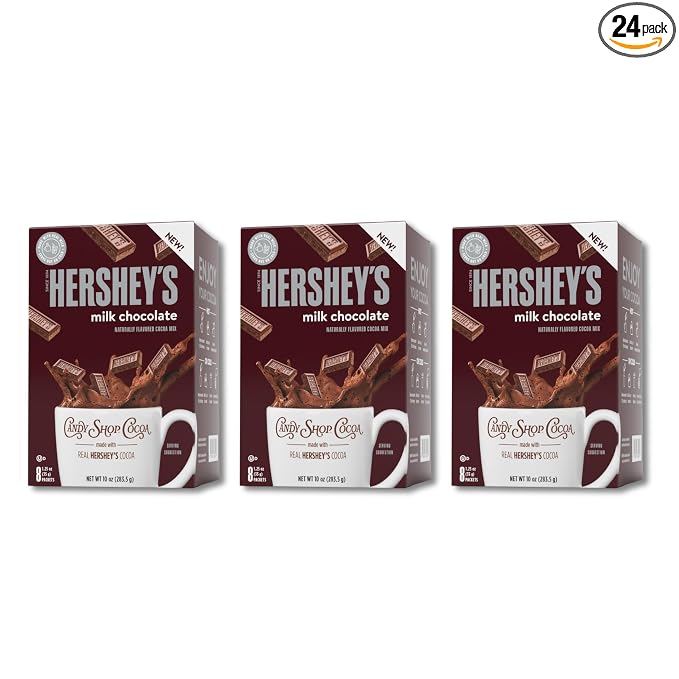 Candy Shop Cocoa HERSHEY’S Milk Iced Cocoa Mix, 1.25oz, 24 Pack | HERSHEY’S milk chocolate cocoa mix with rich, creamy chocolate flavor; just add water for smooth hot or iced drinks anytime