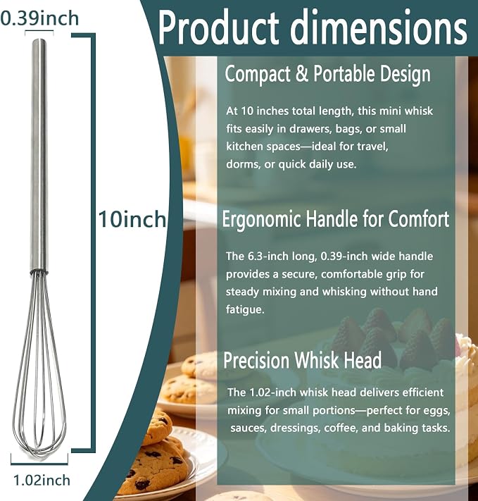 10 Inch Mini Whisk, 304 Stainless Steel Small Whisk for Cooking, Baking & Deep Containers, Anti-Rust Mixing Tool for Eggs, Sauce