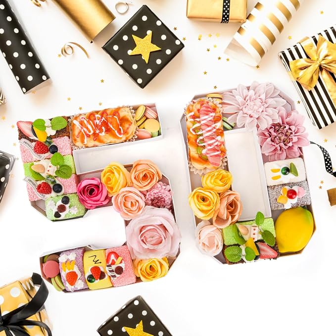 50 Set Cardboard Number for Charcuterie 10.2'' Fillable Tray Charcuterie Paper Box for 50th Birthday Anniversary Party Decorations Chocolate Candy Cupcake Container