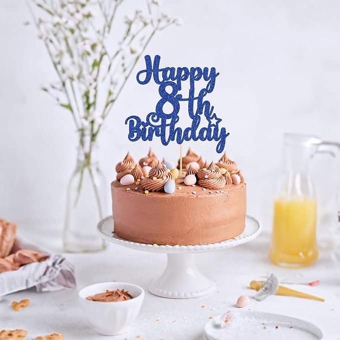 Gyufise 1Pc Happy 8th Birthday Cake Topper Glitter 8 & Fabulous Cheers to 8 Years Old Birthday Cake Pick for Celebrating 8th Anniversary Party Cake Decorations Supplies Blue