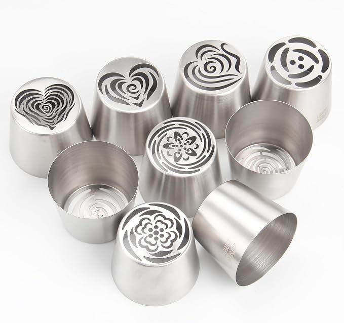 11-Piece Extra-Large Russian Flower Piping Tip Set, Stainless Steel Rose and Tulip Piping Tips for Cake Decoration, Including 9 Extra-Large Flower Tips, 1 Leaf Tip, and 1 Brush