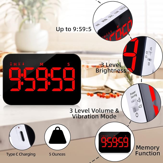 PERSUPER Kitchen Digital Timer, Count Down Up, Rechargeable, Vibration Mode Adjustable Volume and Brightness LED Display, Time Management Cook, Desk, Kids Adults Study Teaching, Kitchen Gadgets RGB