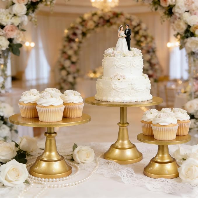3 Piece Gold Cake Stand Set Metal Round Cake Holder 8/10/12 inch Dessert Table Display Cupcake Stands for Birthday, Baby Shower, Wedding, Banquets, Parties and Ceremonies