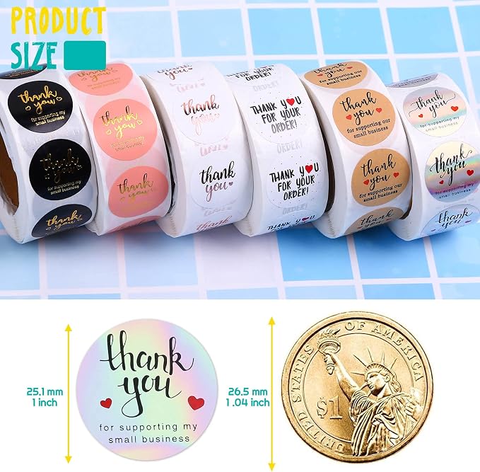 3000Pcs 1Inch Thank You Stickers, 6Rolls Thank You for Supporting My Small Business Stickers Handmand Thank You for Your Order Stickers Labels Packing Supplies for Baking Envelopes Gift Wraps Crafts