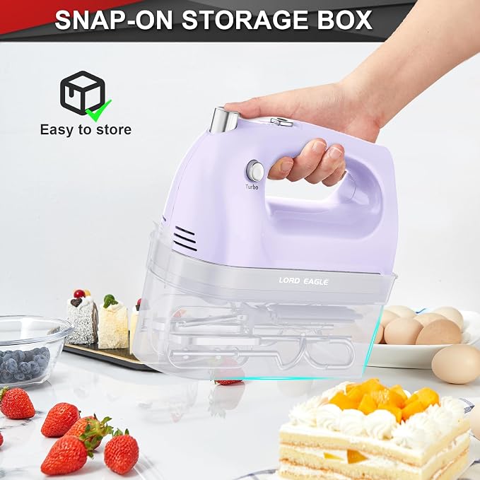 Lord Eagle Hand Mixer Electric Handheld 400W, 5-Speed Lightweight Kitchen Mixer with Storage Case, 5 Stainless Steel Attachments for Baking Cake Egg Cream Food Beater, Turbo+Eject Button, Purple
