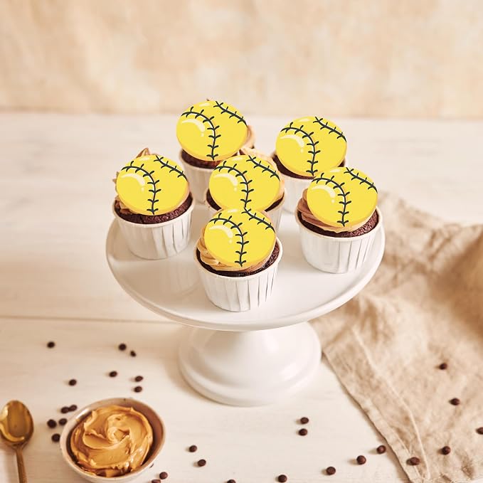 48pcs Edible Sports Cupcake Toppers Edible Basketball Soccer Baseball Tennis Rugby Cake Decorations for Sports Ball Game Theme Baby Shower Birthday Party Cake Decorations Supplies (softball)