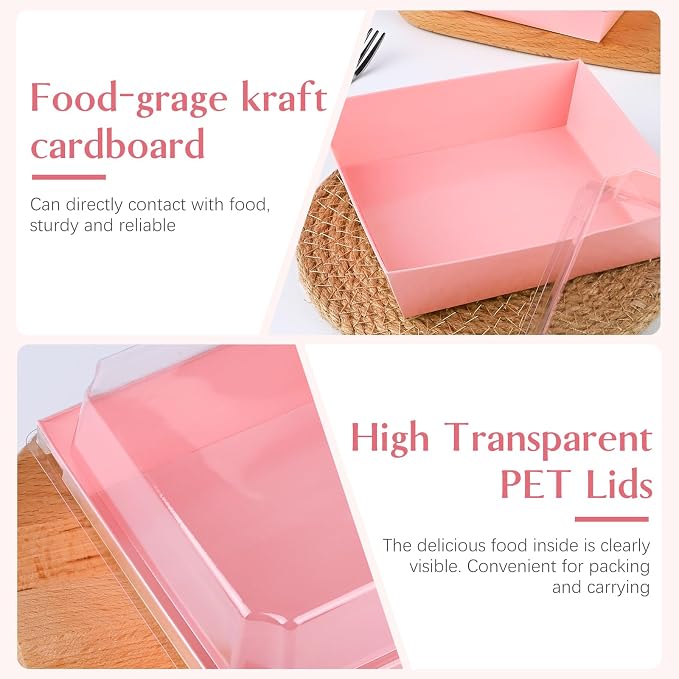 ZORRITA Paper Charcuterie Boxes with Clear Lids, 100 Pack, 5 Inch, Pink | Square To Go Dessert Containers, Small Bakery Boxes, For Cake, Cookies, Sandwich, Strawberries