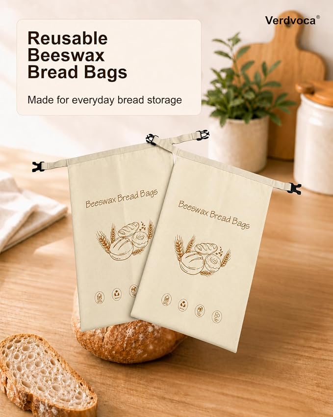Beeswax Bread Bags for Sourdough, 2 Pack XL Reusable Organic Cotton Linen Bread Storage Bags with Lock Buckle, Natural Bees Wax Bread Bag for Homemade Bread, Freezer Friendly Food Storage, Keep Fresh