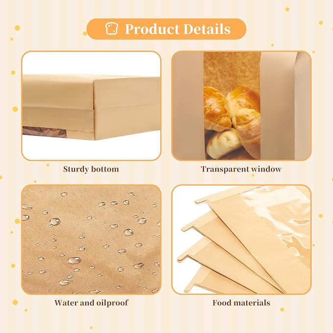 50 Pack14 x 8.3 x 3.5 inch Large Kraft Paper Bread Bags for Homemade Bread Sourdough Bags and 50 Pack 18 x 8 x 4 Inch Clear Bread Bags for Baked Food Packaging Storage (100)