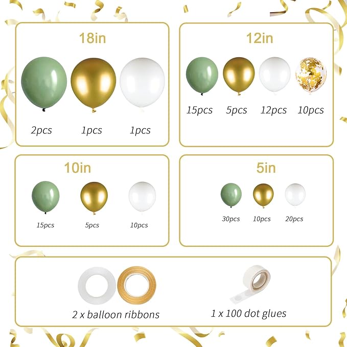 136pcs Sage Green Gold White Balloons Garland Arch kit, 18 12 10 5 Inch Olive Green Gold Confetti Latex Balloons Arch For Birthday, Baby Bridal Shower Engagement Wedding Party Decoration