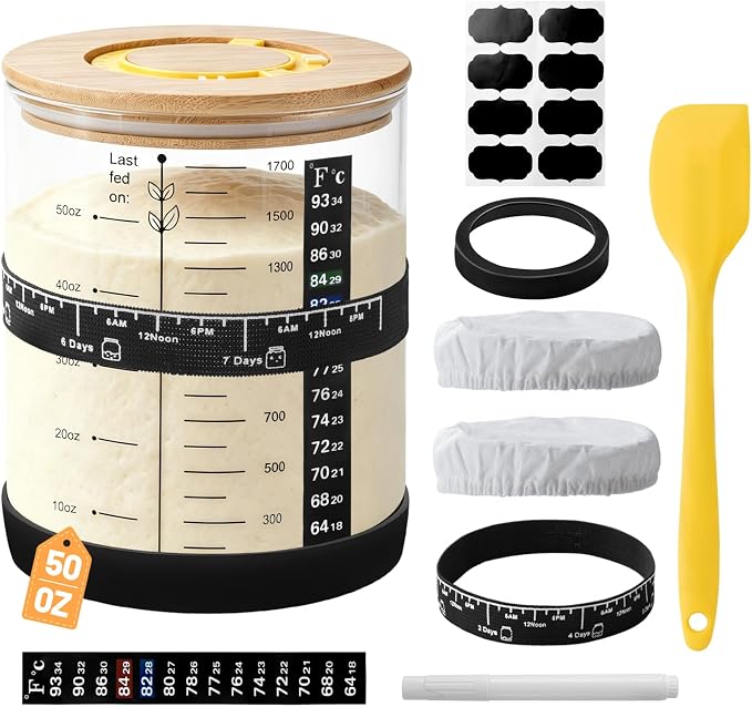 50oz Sourdough Starter Jar, Large Glass Sourdough Starter Jar Wide Mouth with Wooden Lid, Feeding Tracker and Spatula, Sourdough Starter Jar Kit for Bread Baking