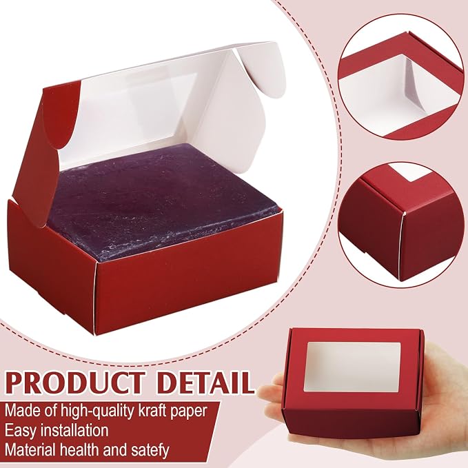 Zonon 30 Pcs Soap Boxes for Homemade Packaging, Mini Kraft Boxes with Window for Bakery Candy Soap Making Gift Packaging, 3.7x2.6x1.4 Inch (Burgundy)