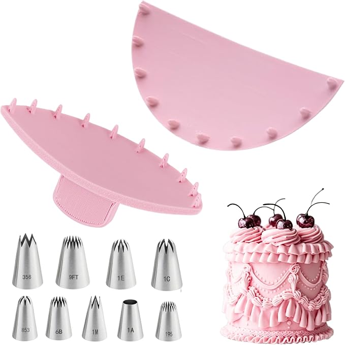Cake Decorating Kit - 2 Pcs Pink Cake Arch Guide Tool and 9 Pcs Large Piping Tips Set, Cake Ruffle Marker, Stainless Steel Cake Decorating Tips, Suitable for 6"-10" Cakes