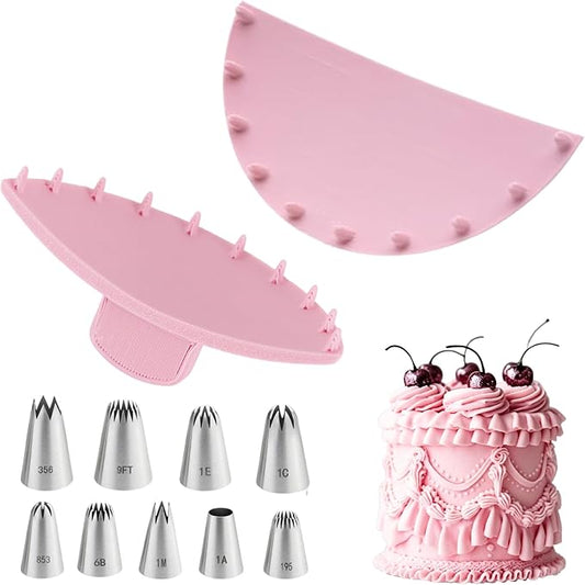 Cake Decorating Kit - 2 Pcs Pink Cake Arch Guide Tool and 9 Pcs Large Piping Tips Set, Cake Ruffle Marker, Stainless Steel Cake Decorating Tips, Suitable for 6"-10" Cakes