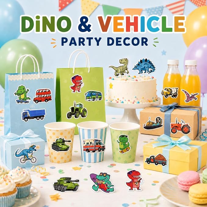 100 Pcs Dinosaur Vehicle Stickers for Kids Boys Water Bottles Laptops Scrapbook Decoration Party Favors Classroom Rewards Cartoon T Rex Construction Truck Waterproof Vinyl Decals
