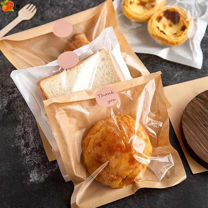 Ocmoiy 400ct Heat-Sealable Bakery Bags with Window for Egg Sandwich, Donut, Cookies Packaging, 7.1x7.5 Inches Clear Front Brown Paper Treat bags To go, Grease-Resistant (400)