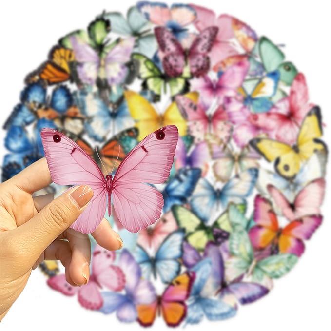 Butterfly Transparent PET Stickers Pack, 50PCS, Colourful-B5 | Aesthetic Colorful Lifelike, Waterproof Vinyl, For Scrapbook Party Favors, For Teens Adults