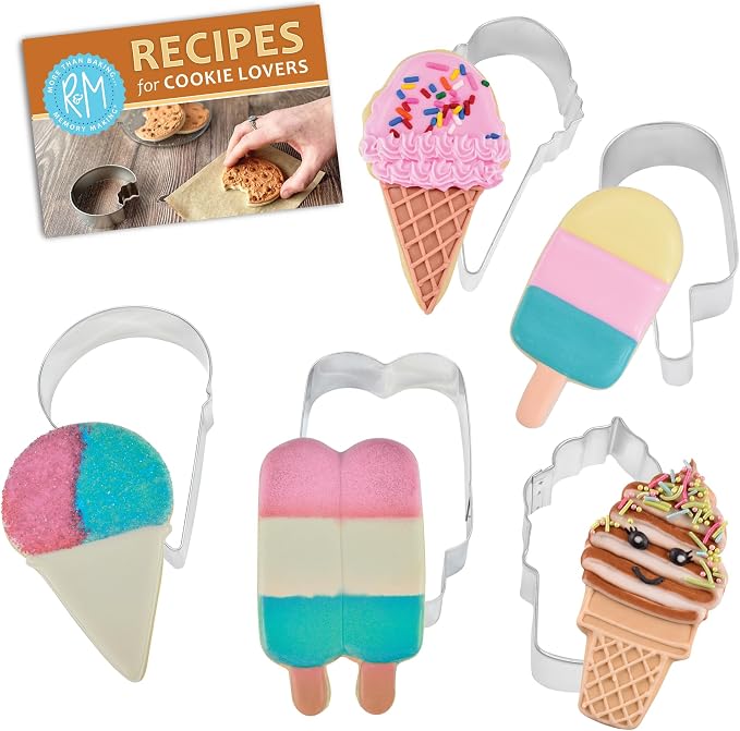 R&M Summer Treats Cookie Cutter 5-Piece Gift Set-Includes Ice Cream Cone, Snow Cone, Popsicle, Twin Pop Cookie Cutter with Recipe Card - Steel