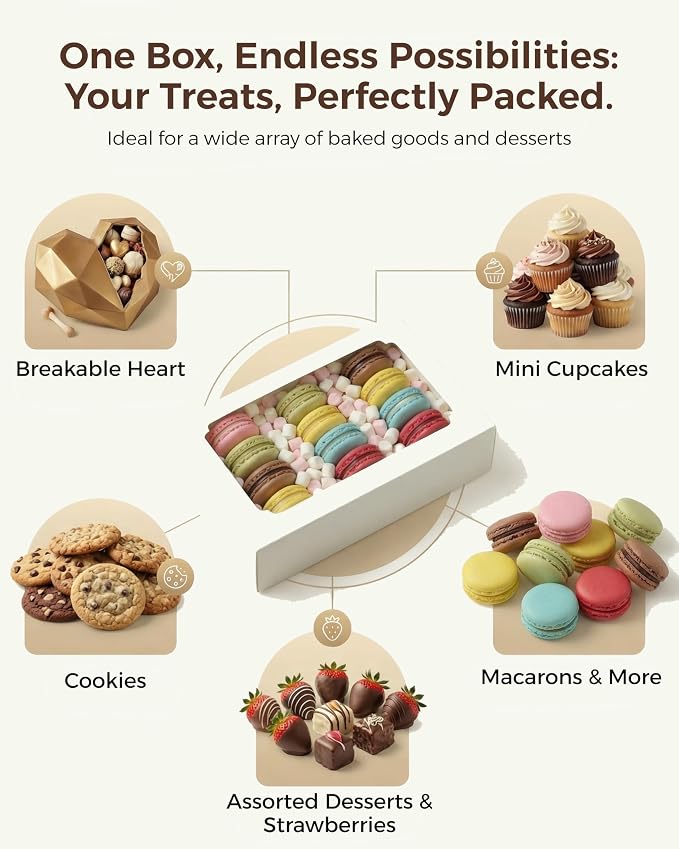 30pcs Cookie Boxes with Window 12x8x2.5 inch, Large Bakery Boxes, Auto-Popup Treat Box for Desserts, Chocolate Covered Strawberries, Breakable Heart, Pastries, Cajas Para Postres with 80 Stickers