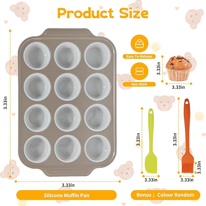 Silicone Muffin Baking Pan, 12 Cups, Grey | No Paper Liners Needed,Reinforced Metal Frame,Non-Stick Easy Release,Oven & Dishwasher Safe, BPA Free