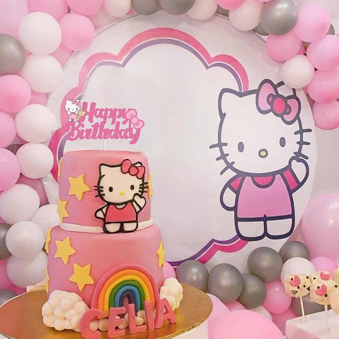 Cute Birthday Cake Decorations, Happy Birthday Cake Topper Glitter, Cartoon Theme Party Cake Decorations Supplies (Pink)