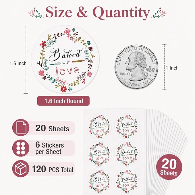 Baked with Love Bakery Sticker Seals: 120 PCS 1.6 Inch Round Matte Paper Stickers for Cookie Bags, Treat Bags, Bakery Boxes and Homemade Baked Goods Packaging