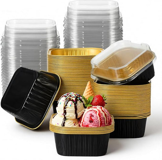 100 Pack Mini Cake Pans with Lids, 5oz Dessert Cups Aluminum Foil Mini Cupcake Cups, Square Disposable Muffin Baking Tins Dessert Containers for Christmas Wedding Birthday Winter Party