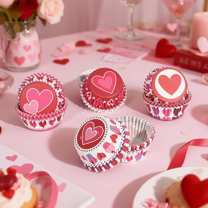 Standard Cupcake Liners 100 Pack, Colorful Paper Baking Cups Hearts Food Grade Disposable Cupcake Wrappers Muffin Liners for Valentine's Day Tea Themed Party Baking Decor