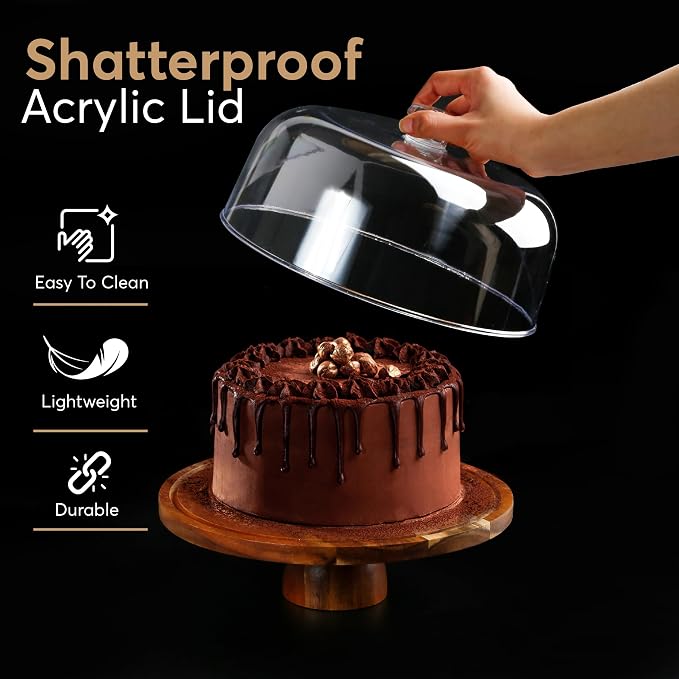2-in-1 Acacia Wood Cake Stand with Lid, Cake Stand with Acrylic Dome Light Weight, Strudy & Well Polished, Cake Plate with Lid for Parties, Weddings, and Everyday Use, Cake Display Stand with Lid