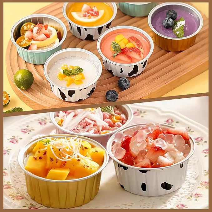 100pcs 5oz Aluminum Foil Muffin Liners Cups with Lids,Mini Cheesecake Containers,Disposable Foil Ramekins Creme Brulee Pans Holders，Cupcake liners Baking Cups for Wedding、Birthday、Party