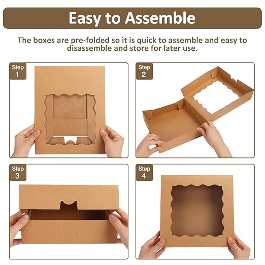 Moretoes 38pcs Pie Boxes, 10x10x2.5 Inches Auto-Popup Bakery Boxes with Window for Cookies, Treats, Cake, Pies, Chocolate Covered Strawberries, Macarons, Donuts, Muffins