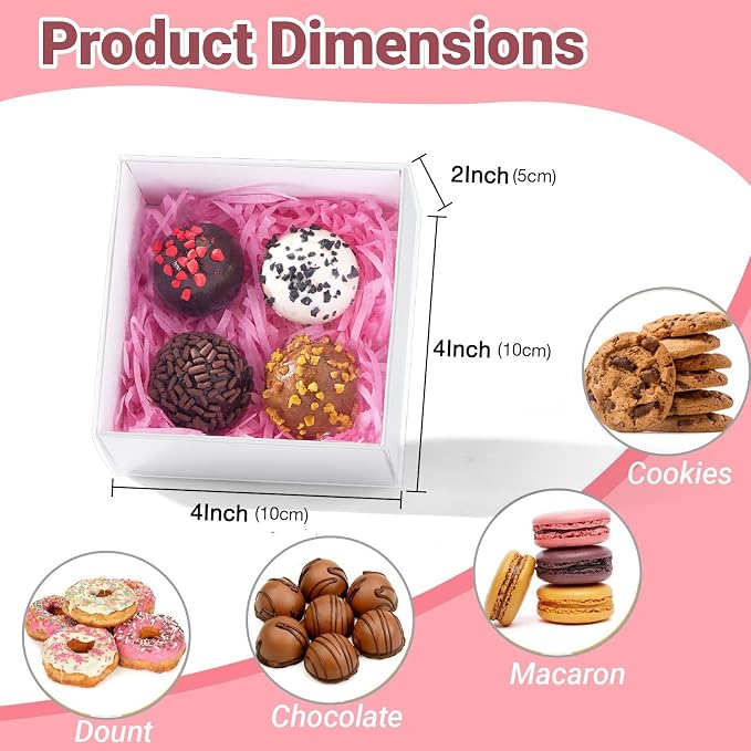 50-Pack of 4x4x2 Inch White Bakery Gift Boxes with Clear Pull-Out Drawers - Perfect for Macarons, Cookies, Truffles, Donuts - Holiday Party Favors, Christmas Treats & Professional Bakery Packaging