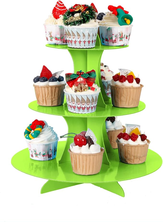 YLDW Cupcake Stand, 3-Tier Cupcake Stand Display, Cardboard Cup Cake Tower Stand, Disposable Dessert Stand for Birthday Tea Party Baby Shower Treat Decorations, Green
