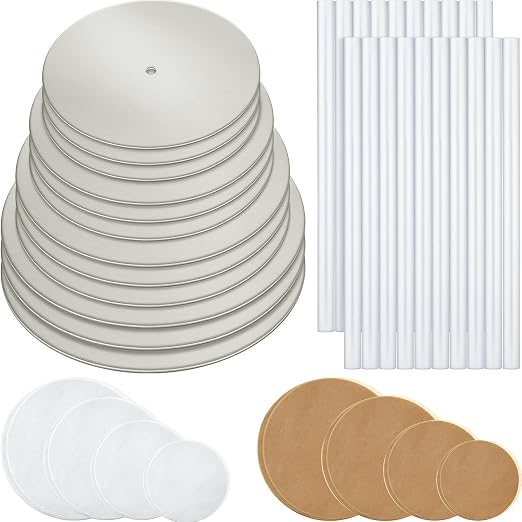 Boao 112 Pieces Cake Board Kit Sturdy Round 4, 6, 8, 10 Inch with Parchment Paper Round and Plastic Tiered Cake Dowel Rod Separator Plate for Party Wedding Birthday