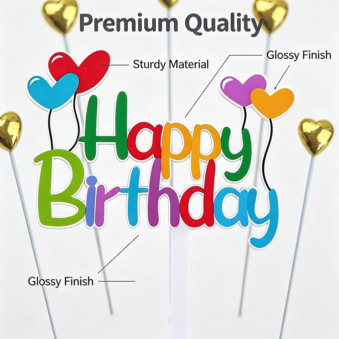 Colorful Happy Birthday Cake Topper Set Balloon Design and Gold Hearts, Great for Kids' Birthdays, Cupcakes Party Decor