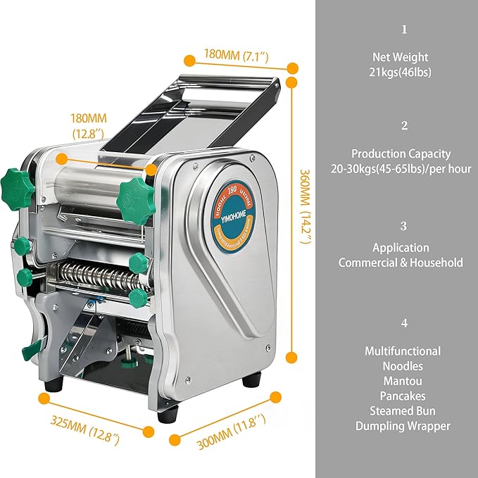 Commercial Pasta Maker Machine,Electric Noodle Maker&Dumpling Machine for Home Use,Stainless Steel Dual-Cutter No Disassembled-3/9mm Width Noodle/Thickness Dough-Auto Noodle Sheeter