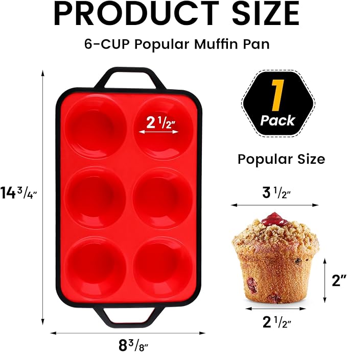 Vinino Jumbo Muffin Pan with Metal Reinforced Frame-2Pack, Silicone Cupcake Pan for Baking 6 Cup Jumbo Size, BPA Free Silicone Muffin Tray, Cupcake Baking Pan Molds for Oven Dishwasher Safe-Red