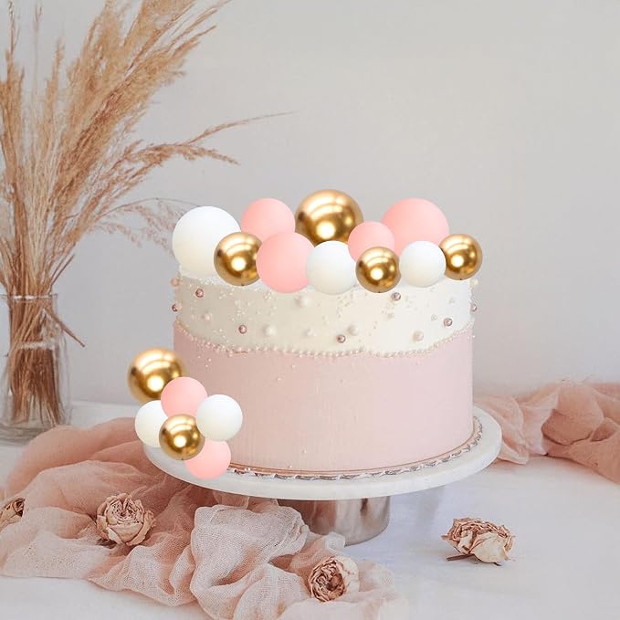 Gyufise 30Pcs Mini Balloon Cake Topper Foam Ball Cake Picks Cupcake Faux Pearl Balls DIY Cake Insert Topper Baking Decoration for Anniversary Graduation Birthday Party Baby Shower White Pink Gold
