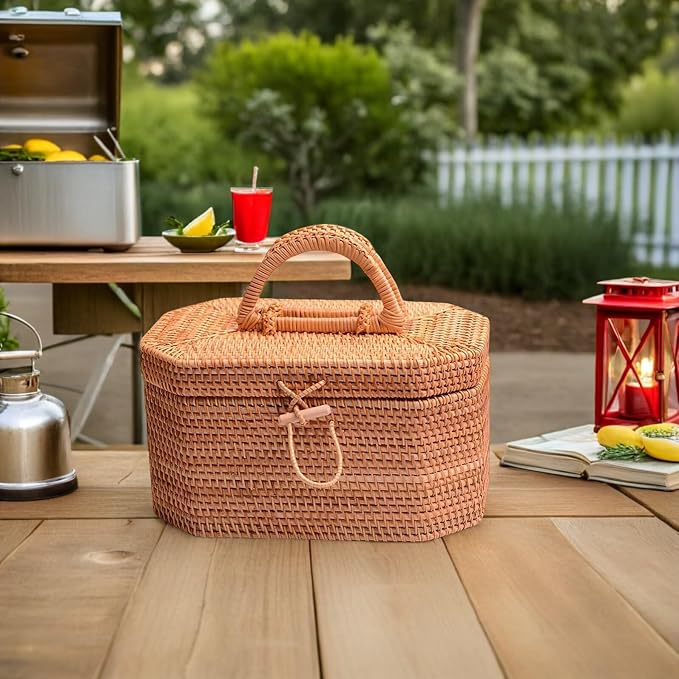 Zerodeko Rattan Storage Box 10.62 Inch Woven Basket Portable Fruit Storage Basket with Lid for Kitchen Dining Home Decor Organizer