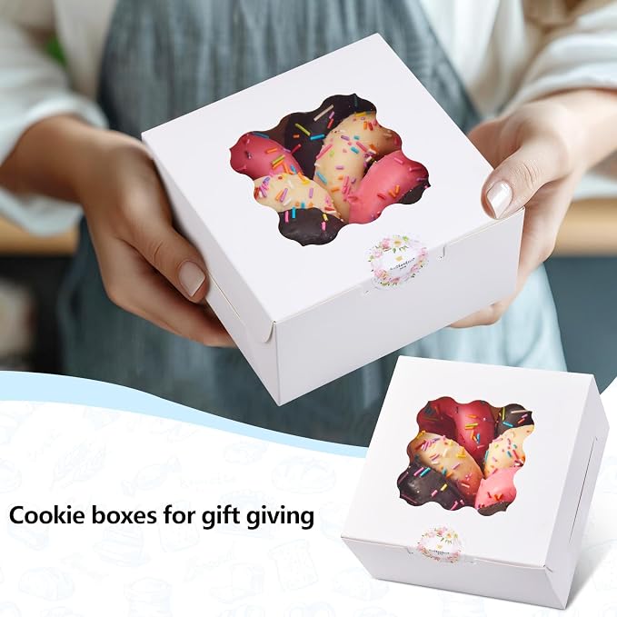 20 Pack Cookie Boxes with Window, 6x6x3 Inches White Bakery Boxes for Treats, Pastries, Desserts & Chocolate Strawberries, Baked Goods Packaging for Holiday Gift Giving