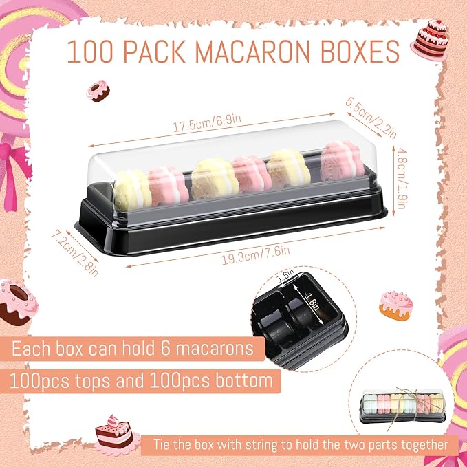Remerry 100 Pcs Macaron Boxes with Clear Lids Bulk Macaroon Container Macaroon Packaging Boxes with 6 Grid Christmas Party Favors for Baby shower Wedding Bakery, 7.6 x 2.8 x 1.9 Inches